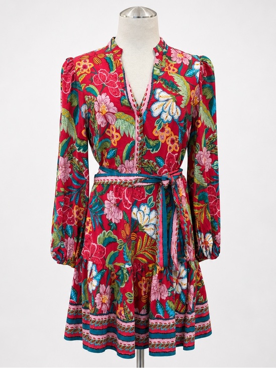Adrianna Papell Dresses & Skirts - Adrianna Papell Tropical Floral Dress Tie Waist V Neck Long Sleeve Mini Red 8